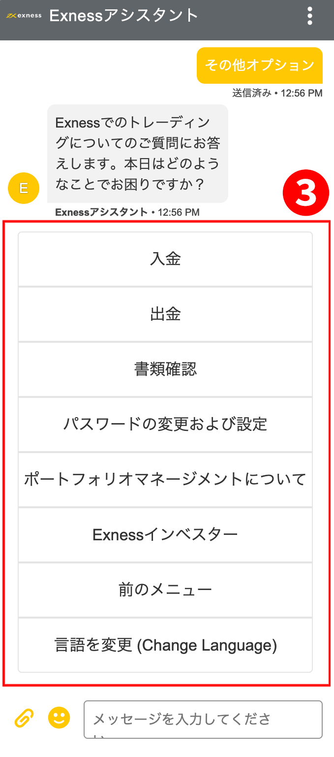 ExnessのチャットウィンドウでExnessバーチャルアシスタントが返信すると詳細を尋ねられることと、オプションをクリックまたはタップできることを示す画像です。Exness（エクスネス）公式口座開設（日本）ページです。